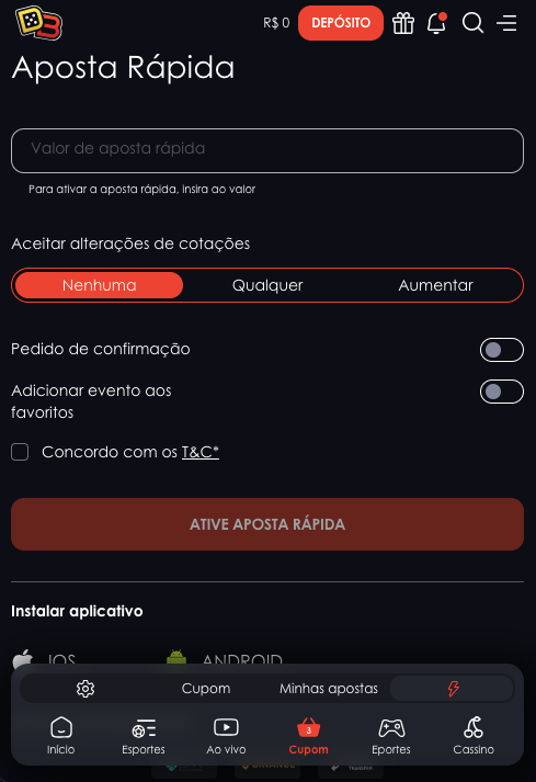 Configurações da Aposta rápida 