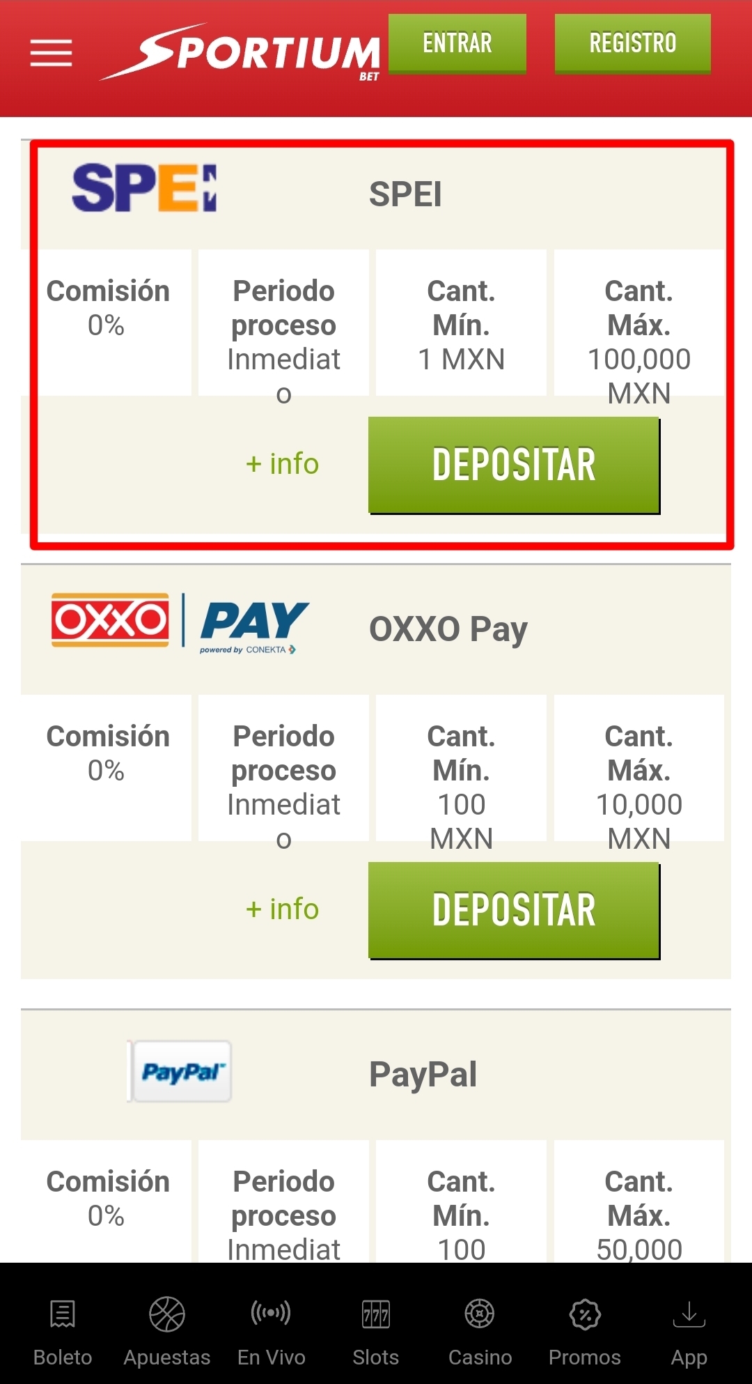 Límite de depósito mínimo de $1 MXN