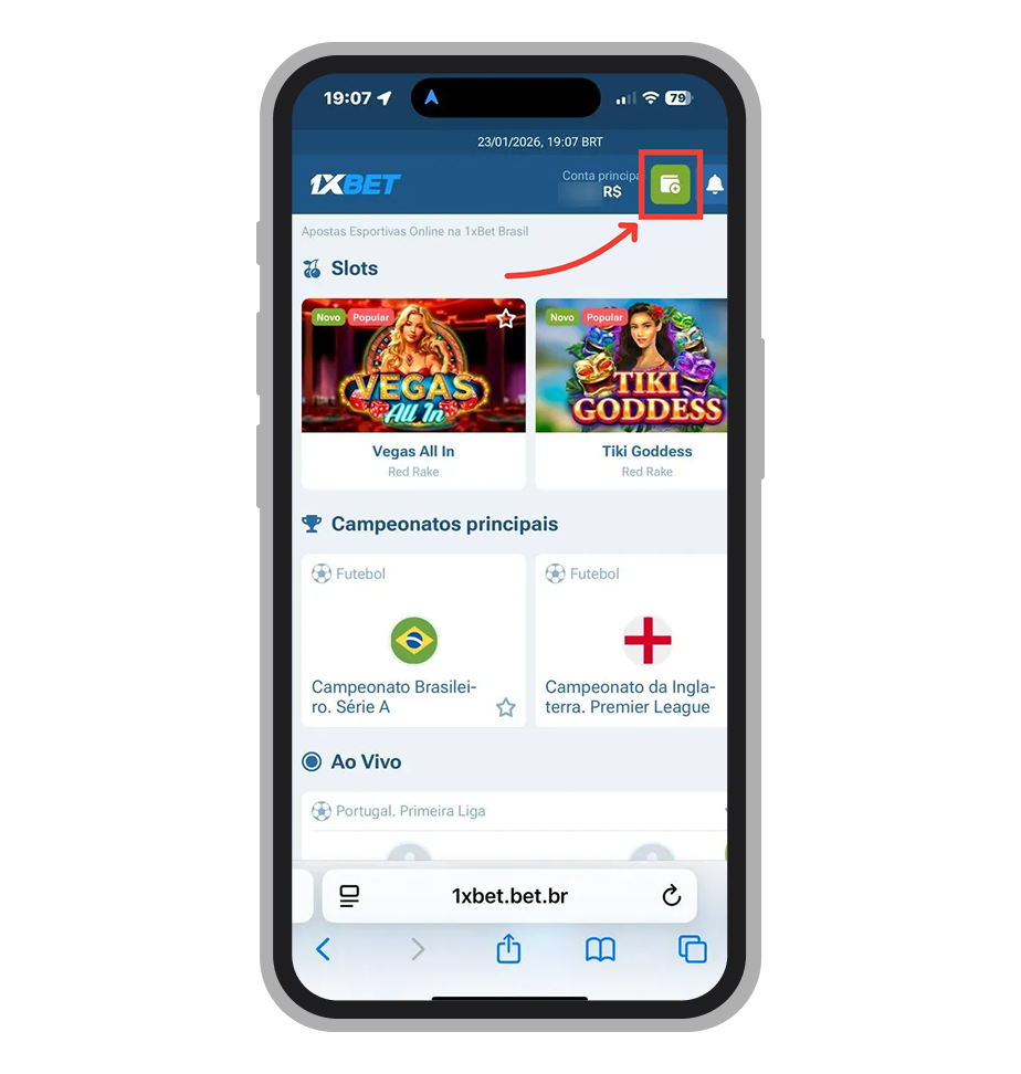 Acesse o aplicativo 1xBet no iPhone, entre na sua conta e toque no botão verde com o ícone de carteira