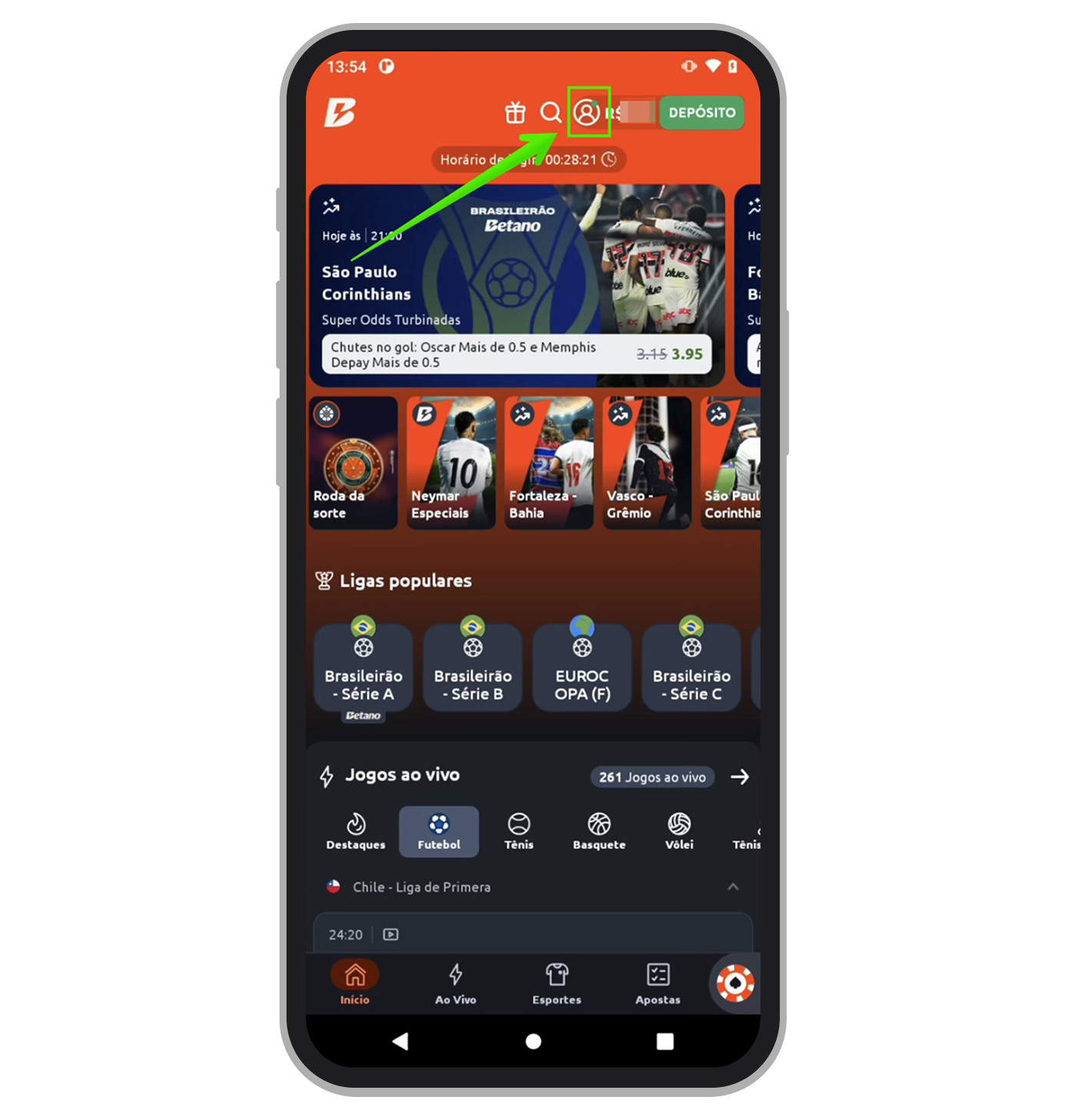 Acesse o menu da conta do app Betano