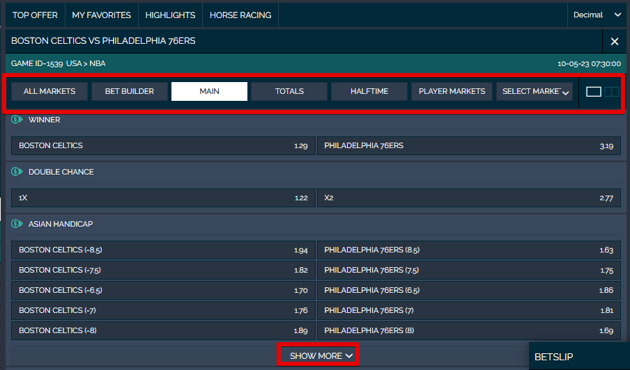 View and/or filter your betting options