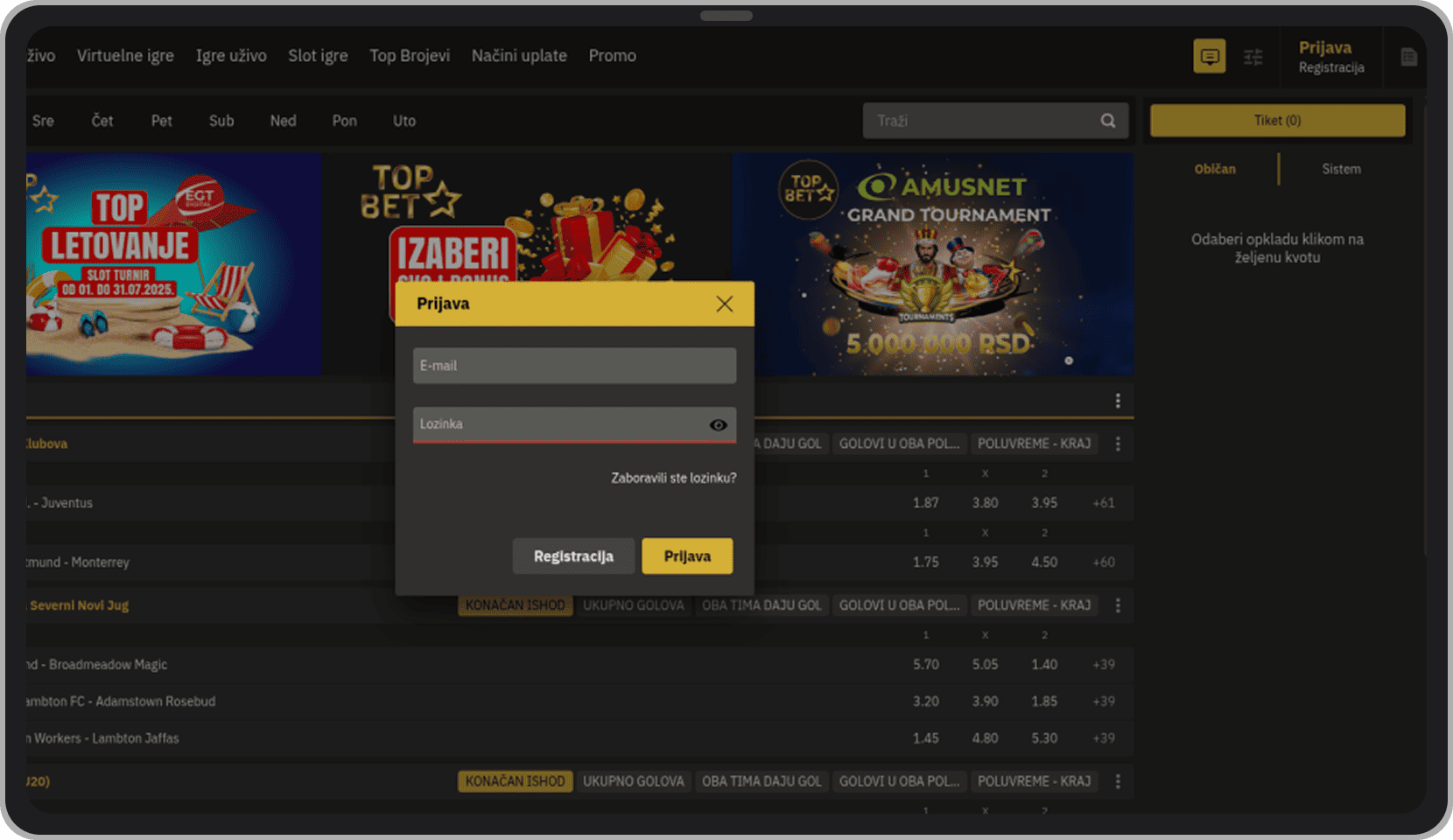 TopBet prijava naloga
