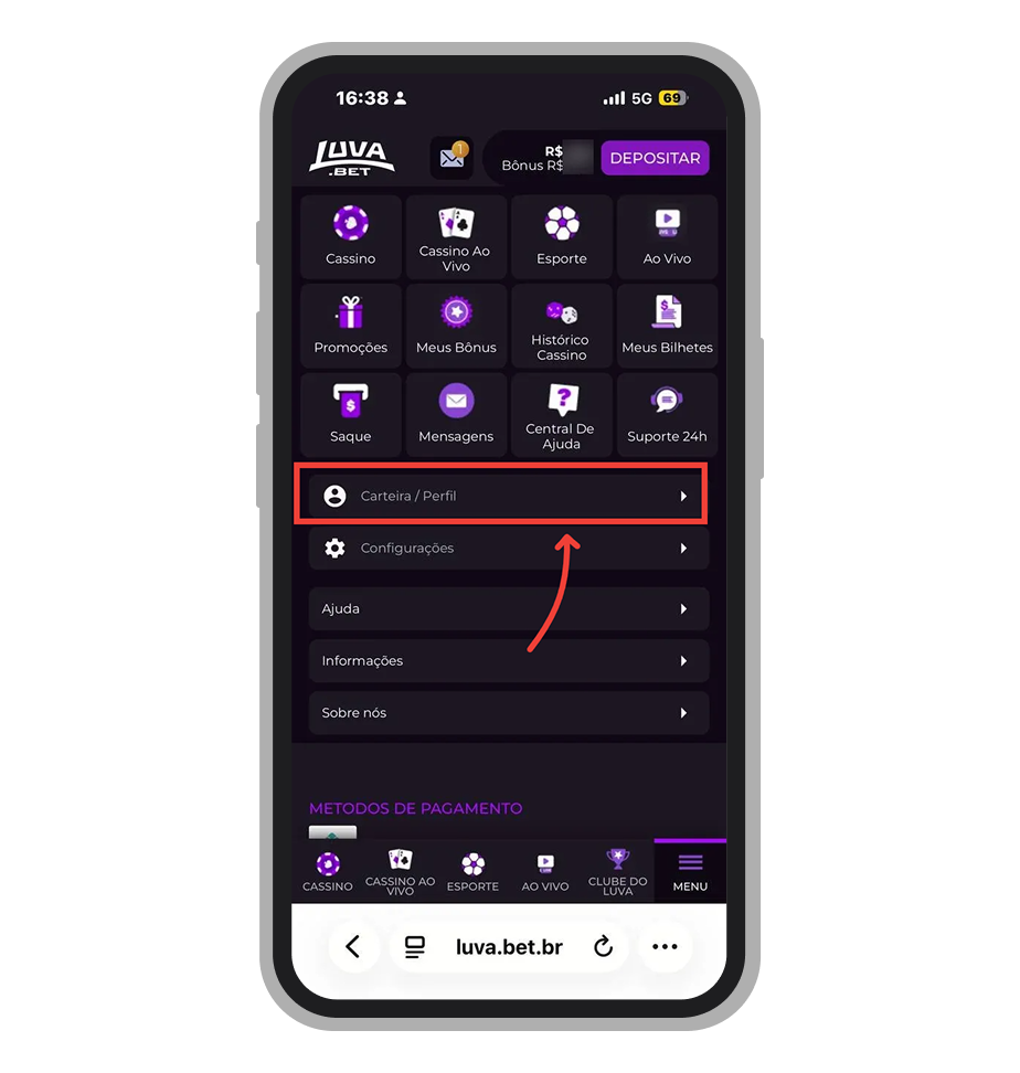 Selecione "Perfil/Carteira"