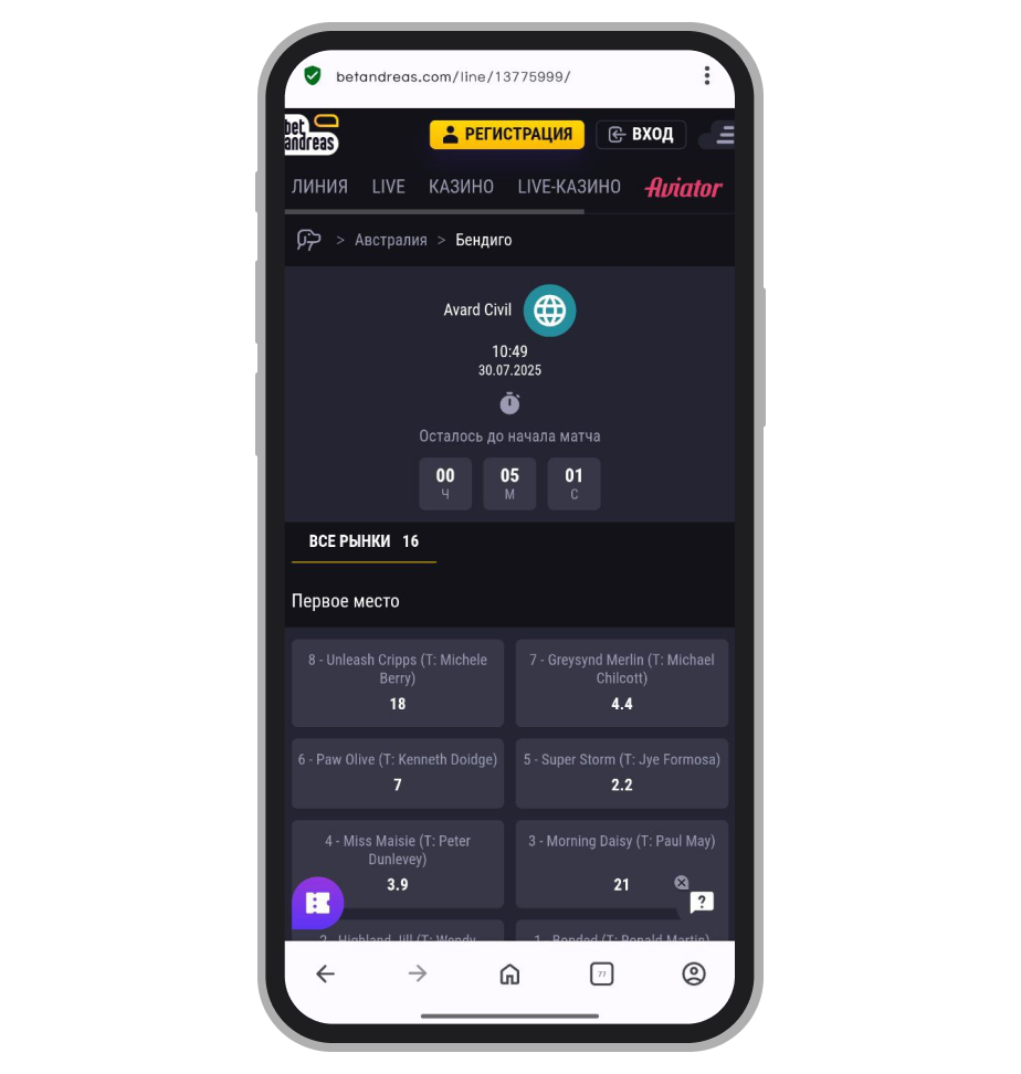 Ставки на австралийские собачьи бега в Betandreas