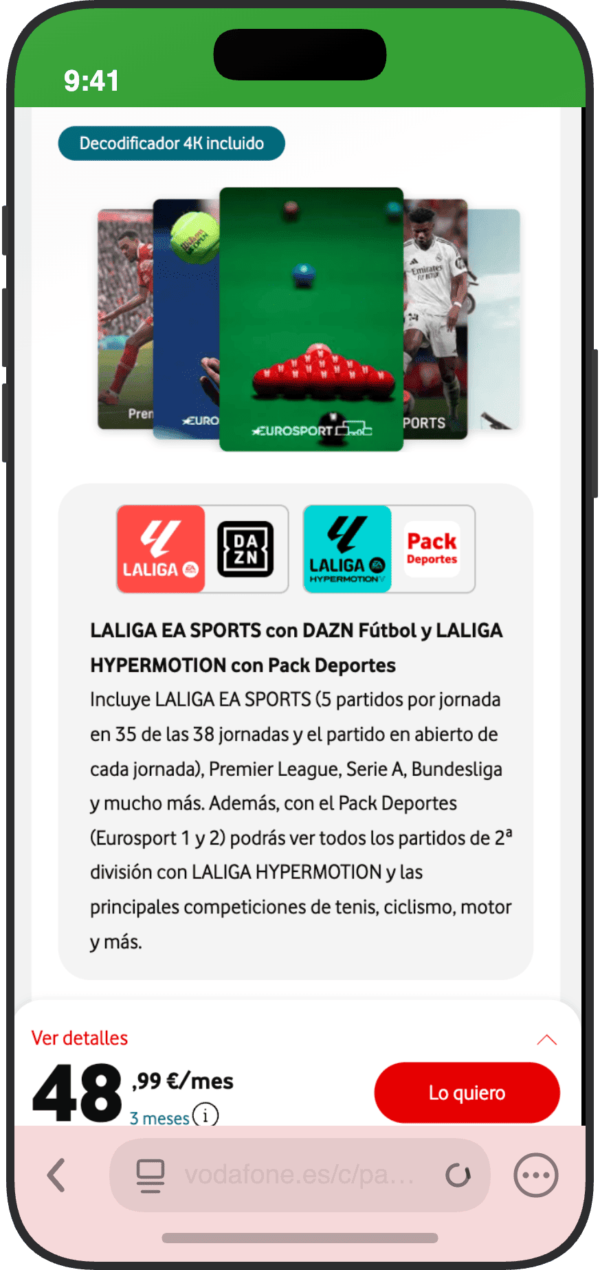 Oferta de Vodafone con DAZN Fútbol y LALIGA por 48,99 euros al mes incluyendo fibra, móvil y decodificador 4K