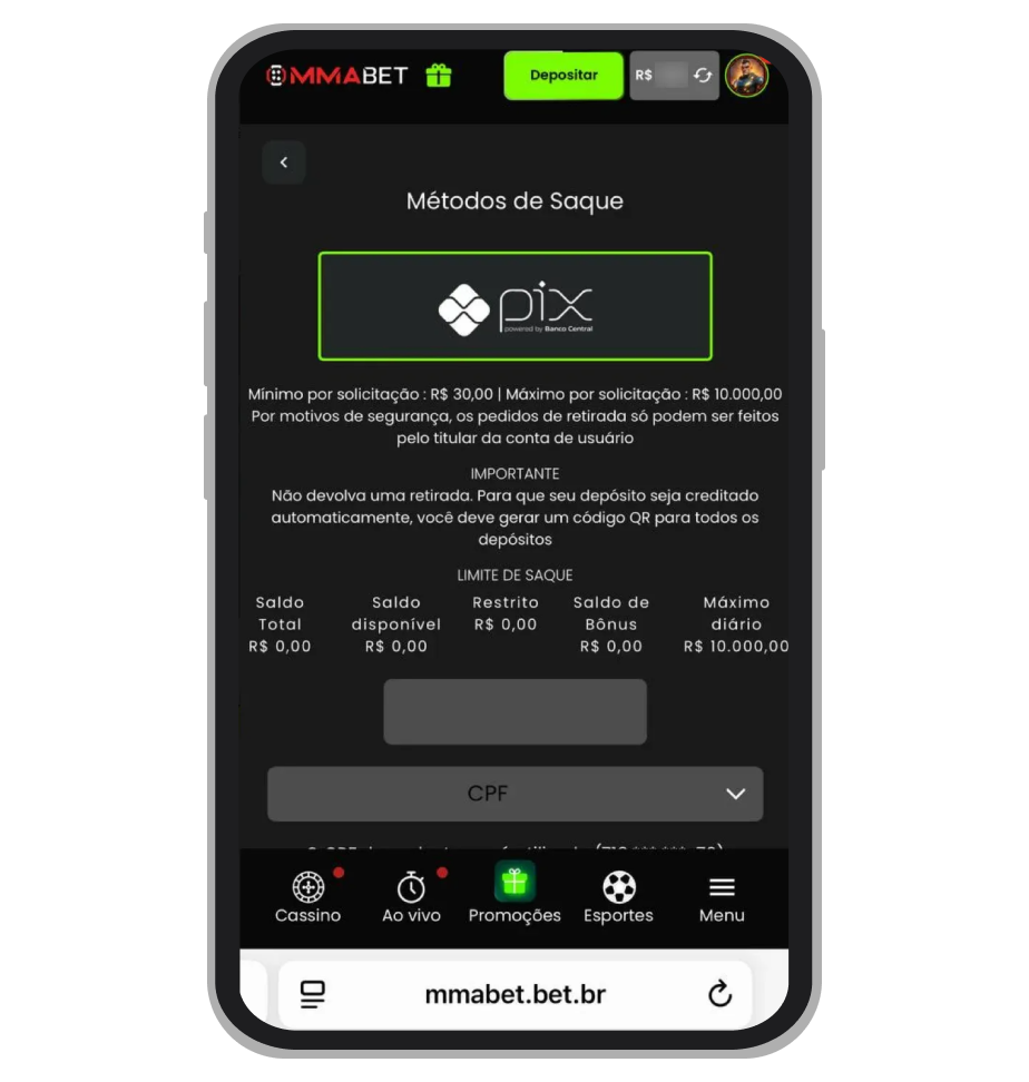 Saque mínimo é a partir de R$30