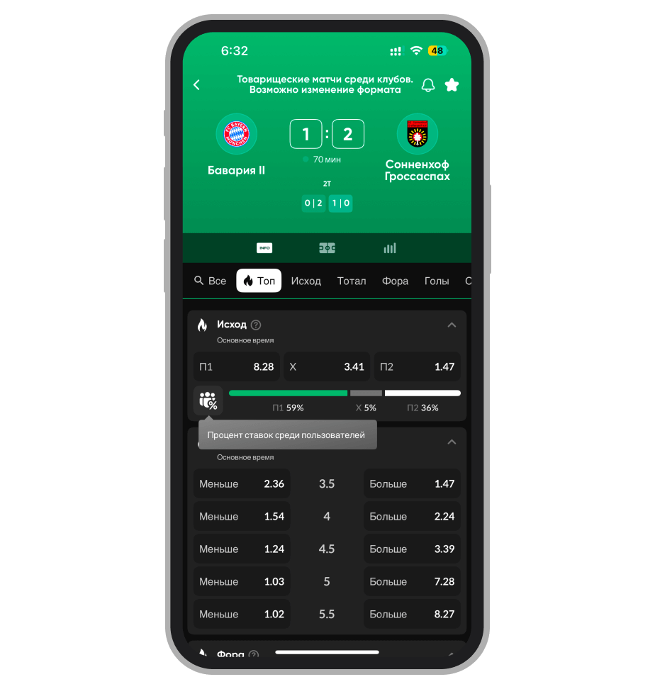 Процент ставок пользователей на исход события в Live