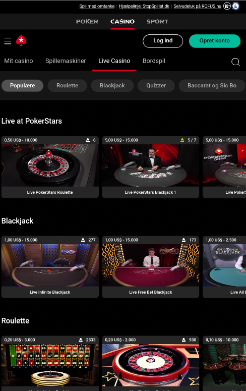 Live Casino sektion i Pokerstars