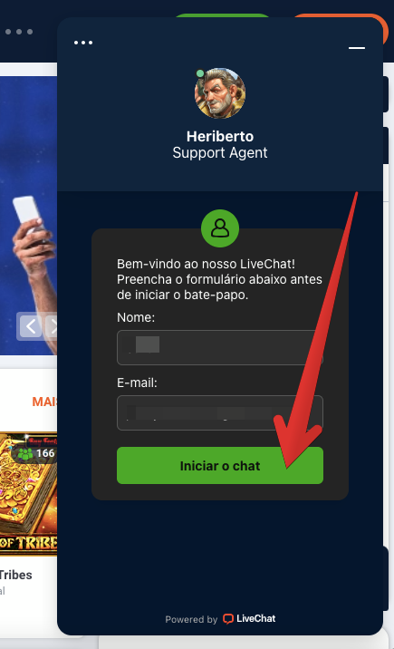 Clique em ‘Iniciar’ para conversar com os agentes de suporte 20bet