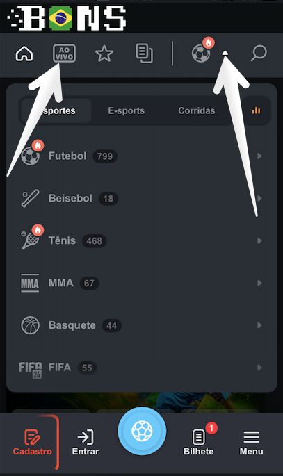 Acesse ‘Ao vivo’ ou  escolhe um esporte Bons no menu 