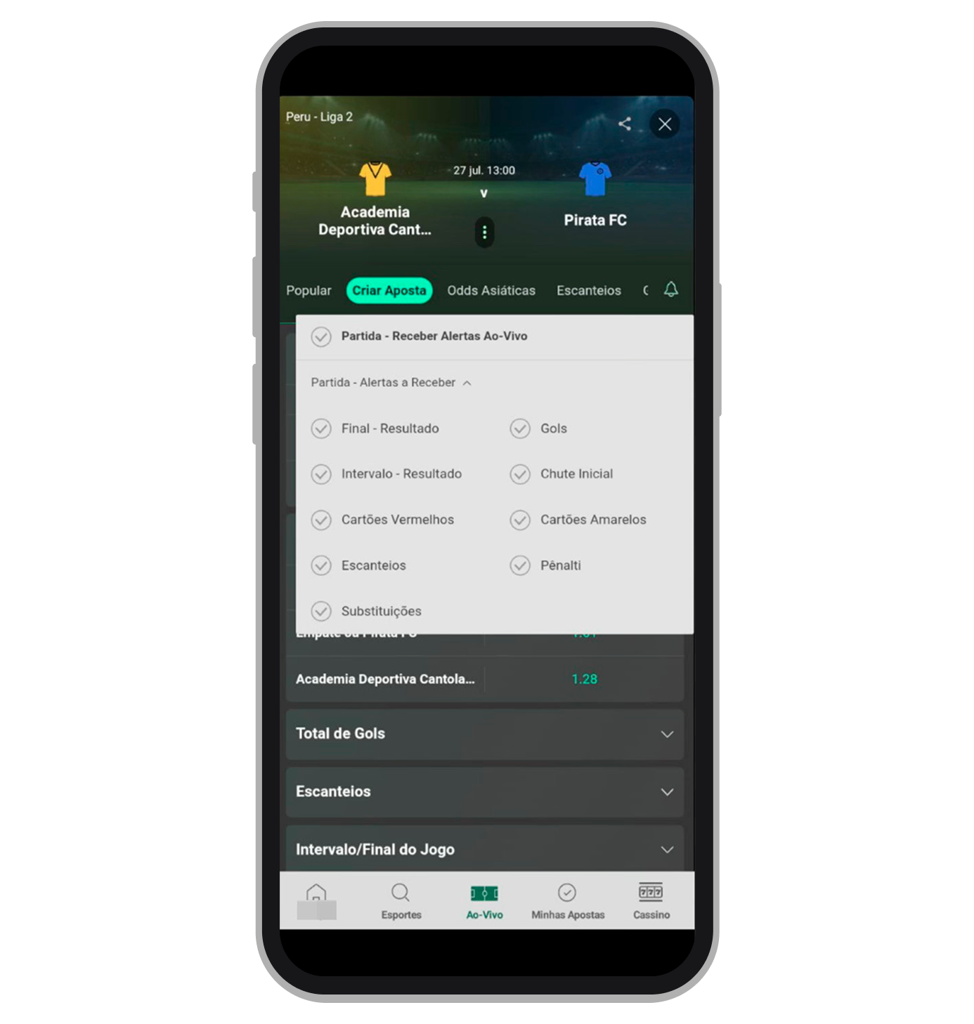 Tipos disponíveis de notificações ao vivo 
