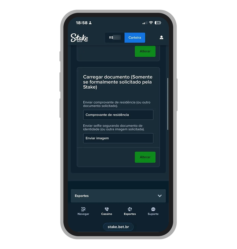 Fluxo de verificação de identidade na Stake com envio de RG e selfie biométrica