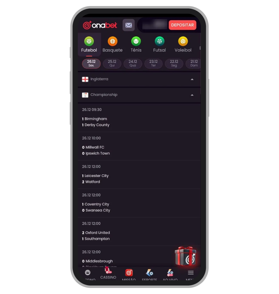 Seção “Resultados” no app da Onabet