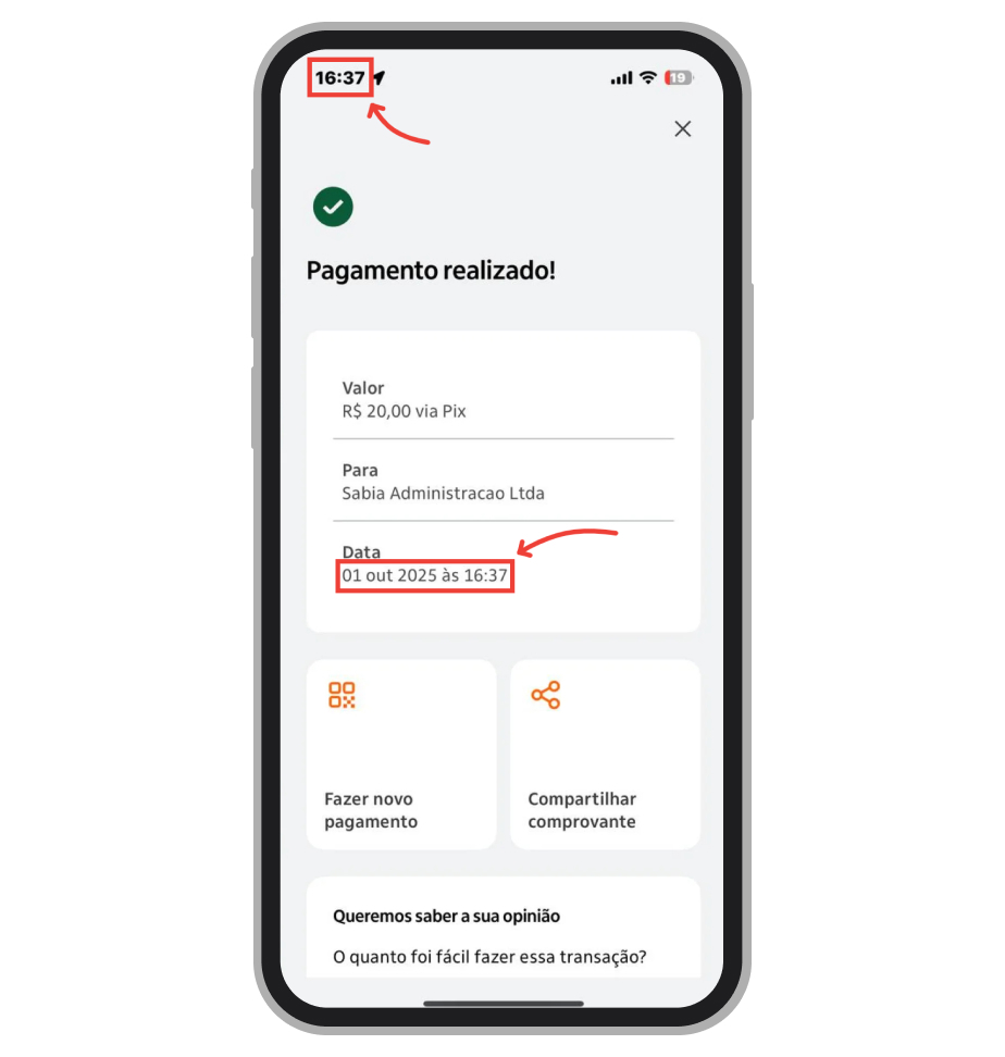 Registramos o horário do pagamento: 16h37