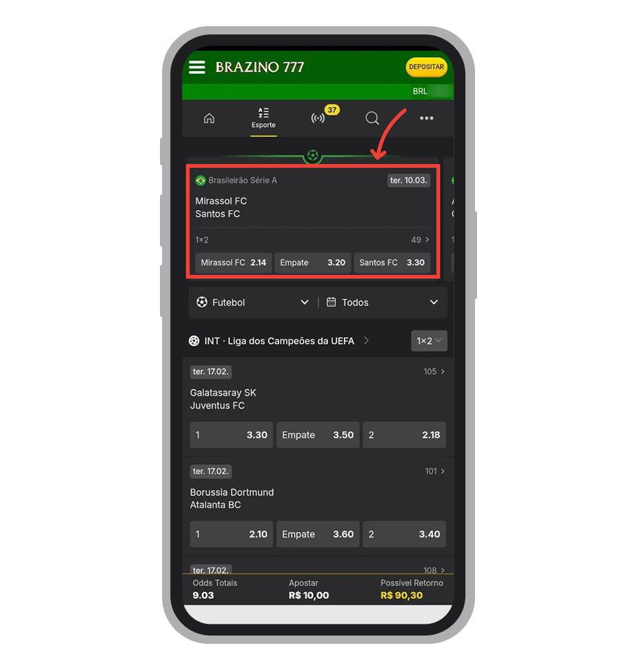 Toque no evento em que quer apostar