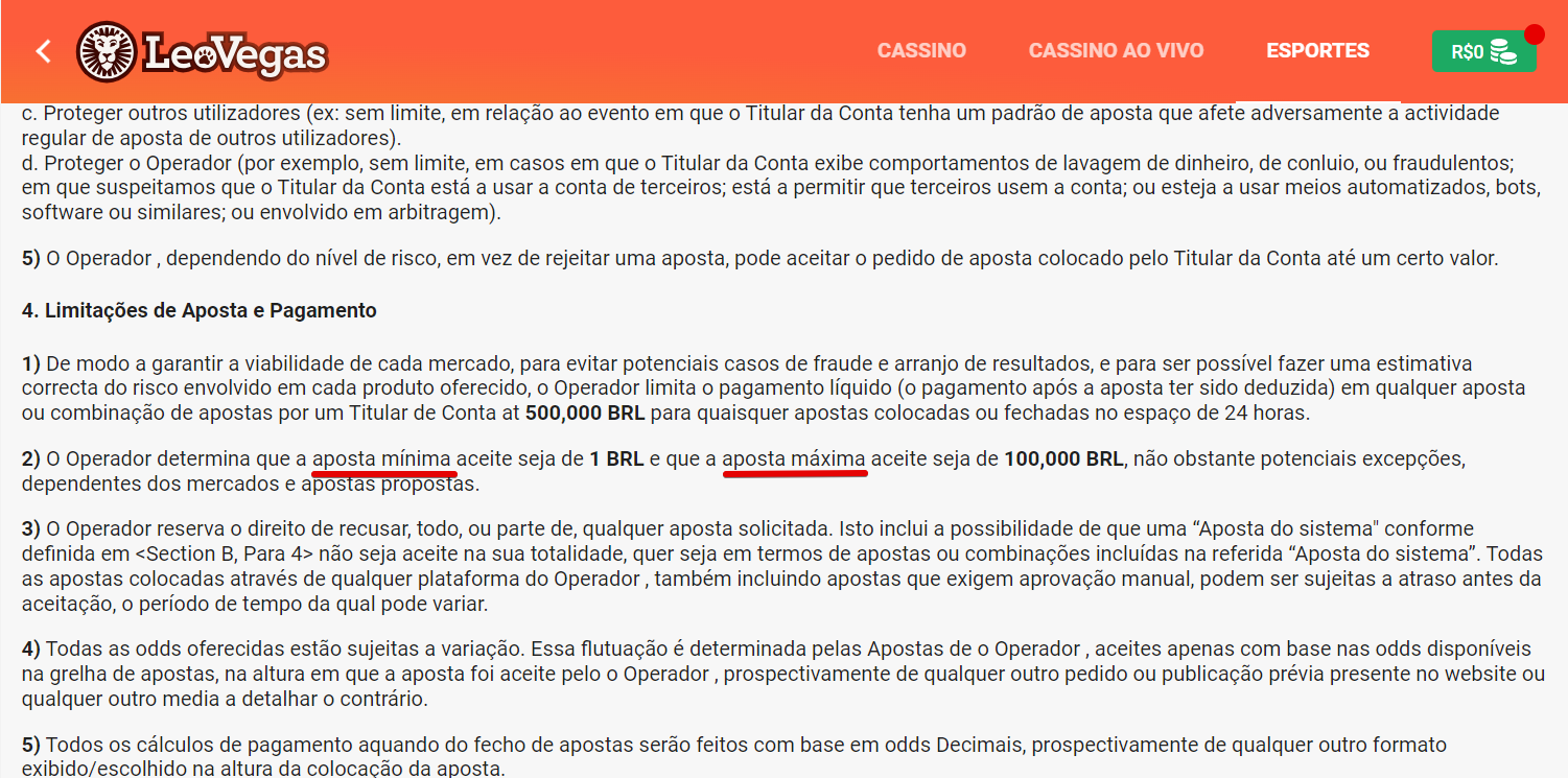 Aposta mínima e máxima determinada pela casa de apostas LeoVegas