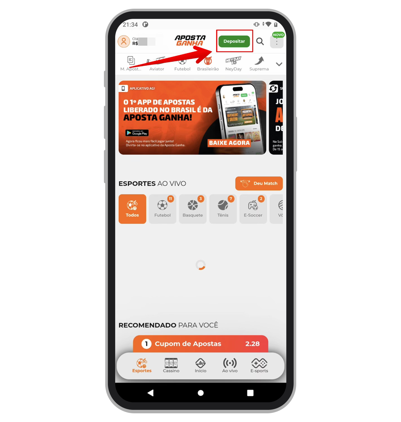 Aperte no botão verde Depositar na tela inicial do app