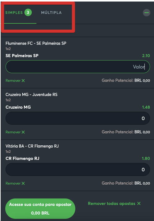 Selecione entre aposta simples Sportsbet ou múltipla