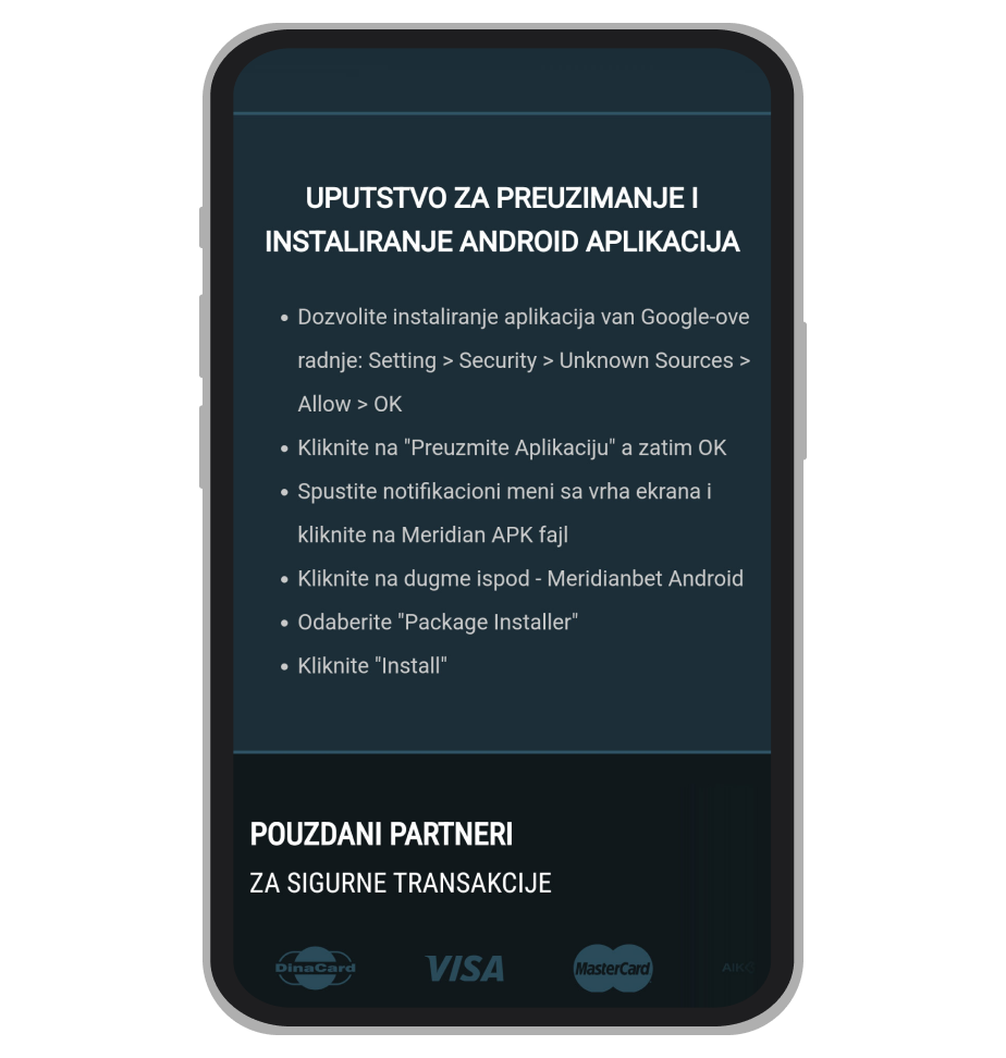 MeridianBet uputstvo za instalaciju Android aplikacije