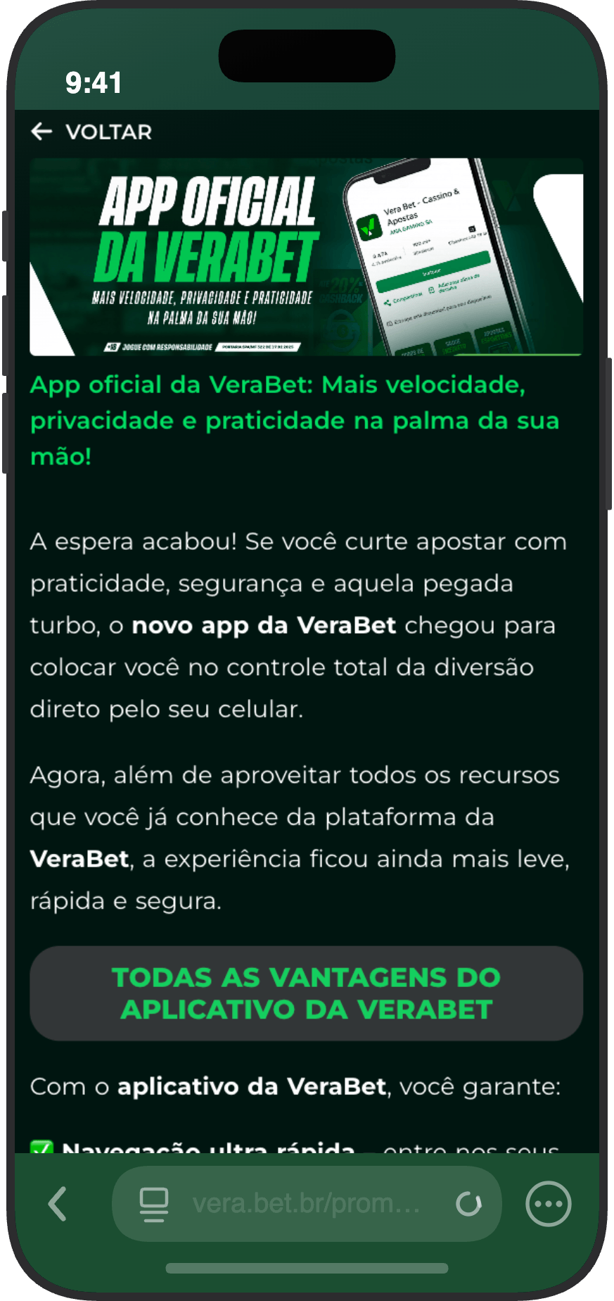 Página do app oficial da Vera.bet com banner da Play Store e lista de vantagens do aplicativo Android 