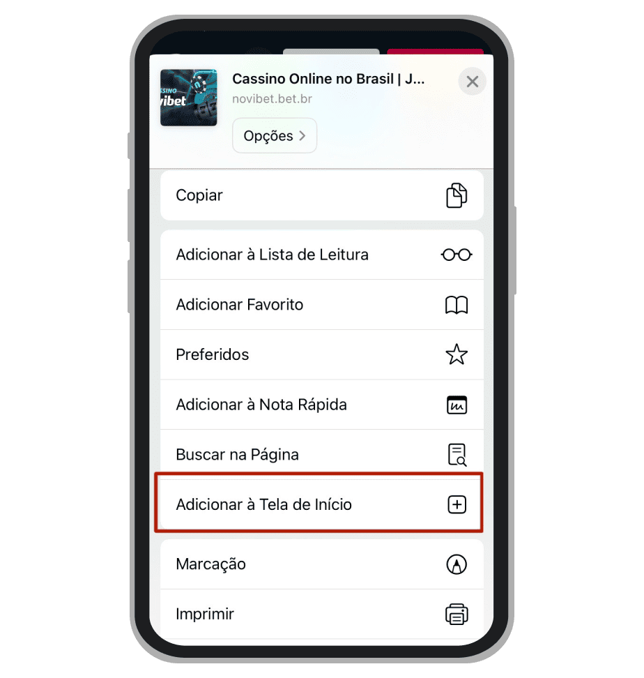 Atalho do site Novibet adicionado no iPhone