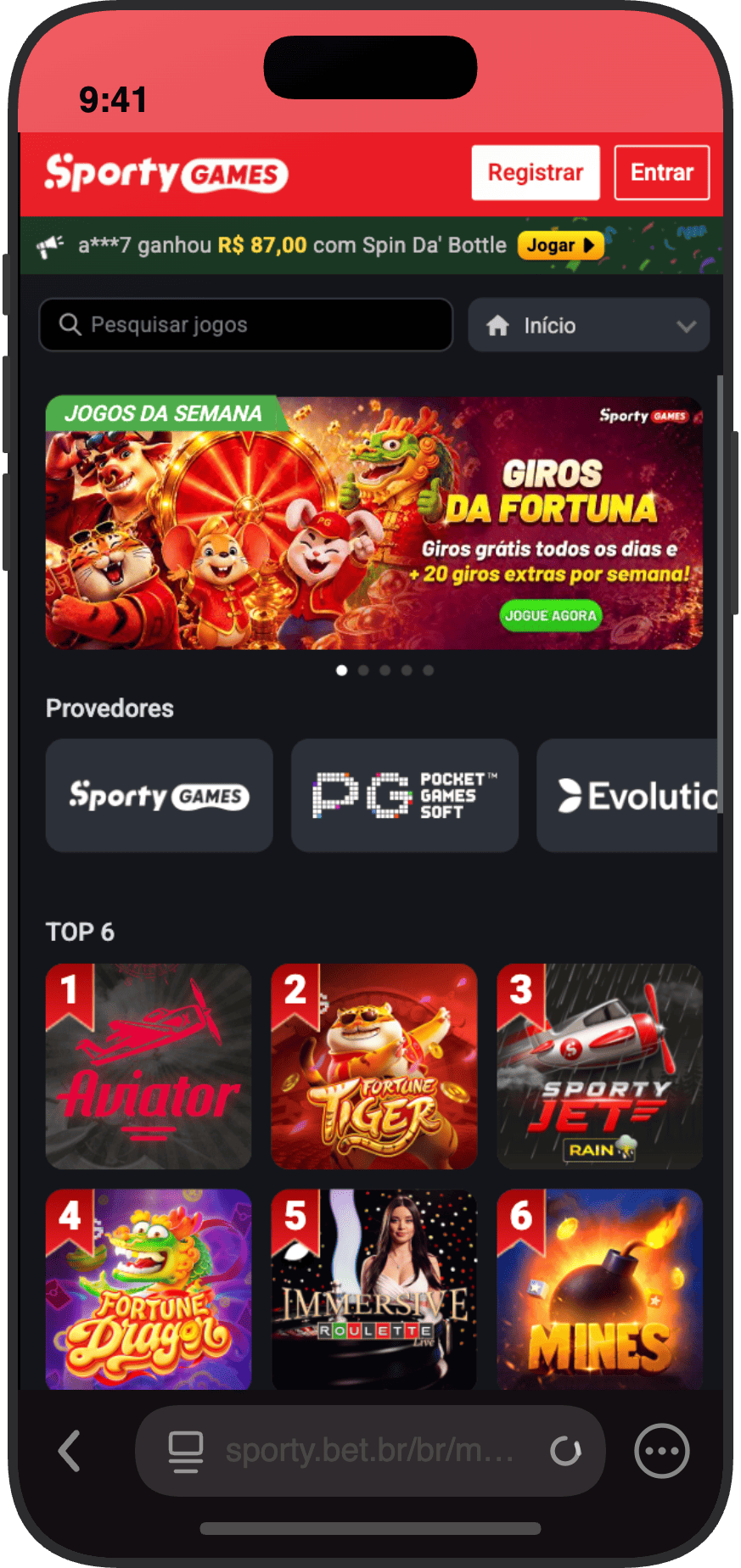 Lobby do cassino da SportyBet com Top 6 jogos incluindo Aviator, Fortune Tiger e Mines