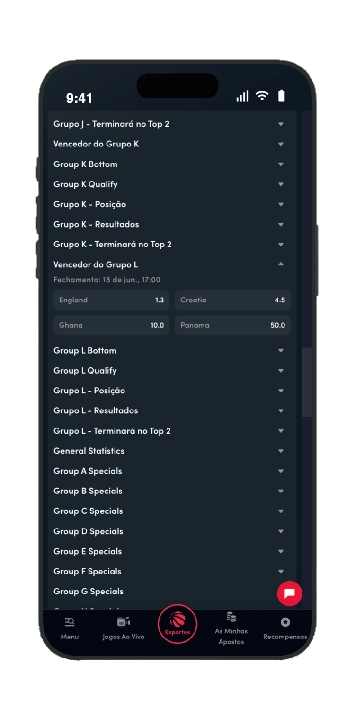 Odds para o vencedor do Grupo L na Blaze: Inglaterra 1.3, Croácia 4.5, Gana 10.0 e Panamá 50.0