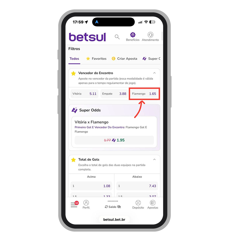 Toque no resultado em que quer apostar