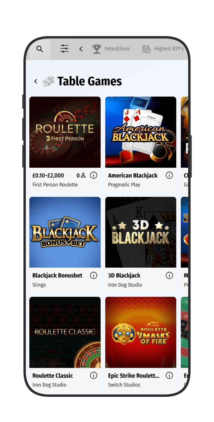 Table RNG games section at Hollywoodbets Casino