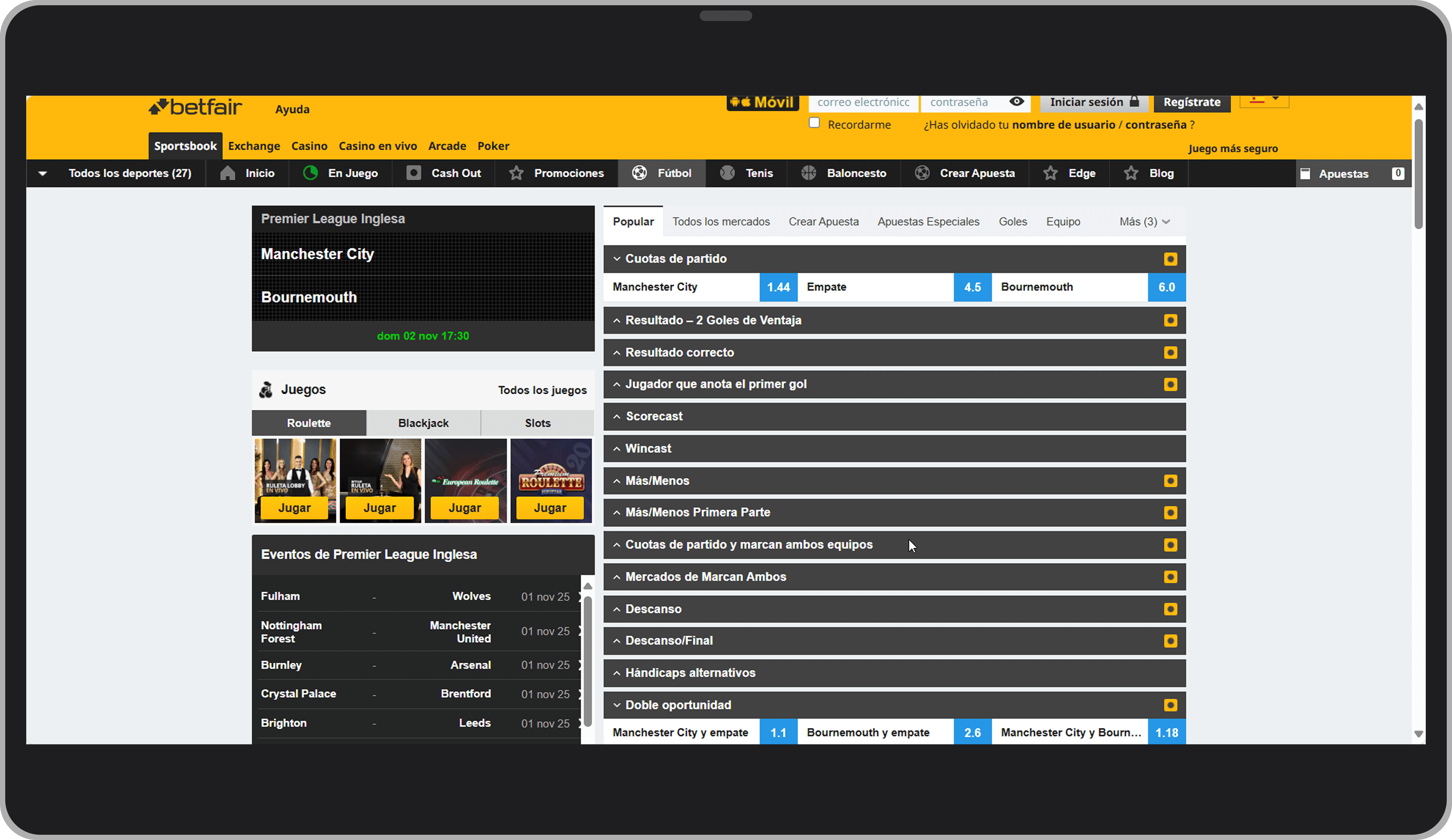 1X2 y Doble oportunidad en Betfair