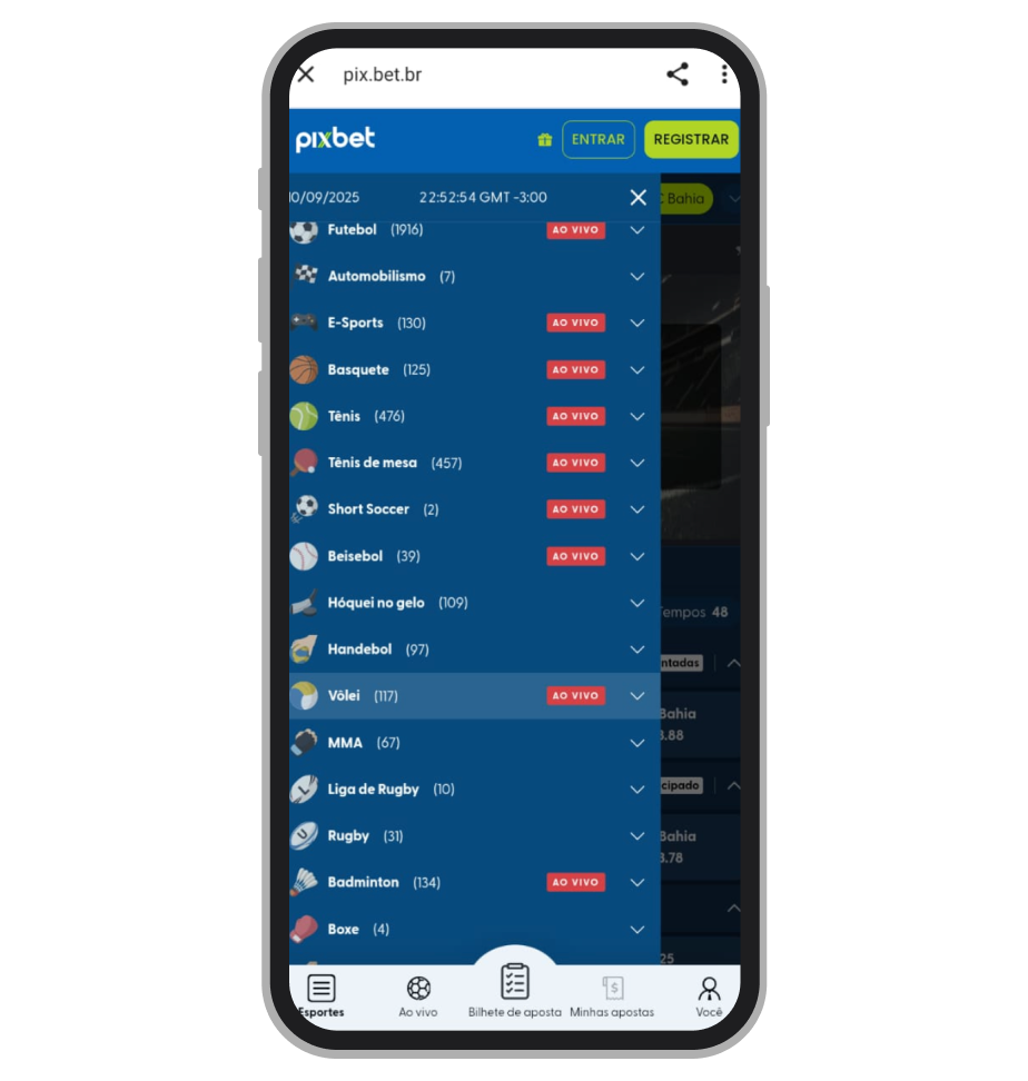 Esportes disponíveis no app Pixbet