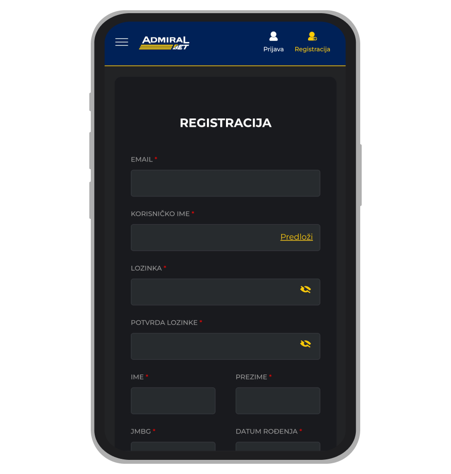 Stranica za registraciju na AdmiralBet