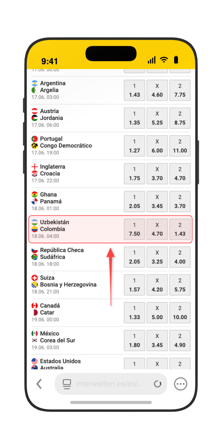 Toca el partido Uzbekistán vs Colombia (18 jun, 04:00 h) en la lista del Mundial 2026 en Interwetten para ver todos los mercados disponibles