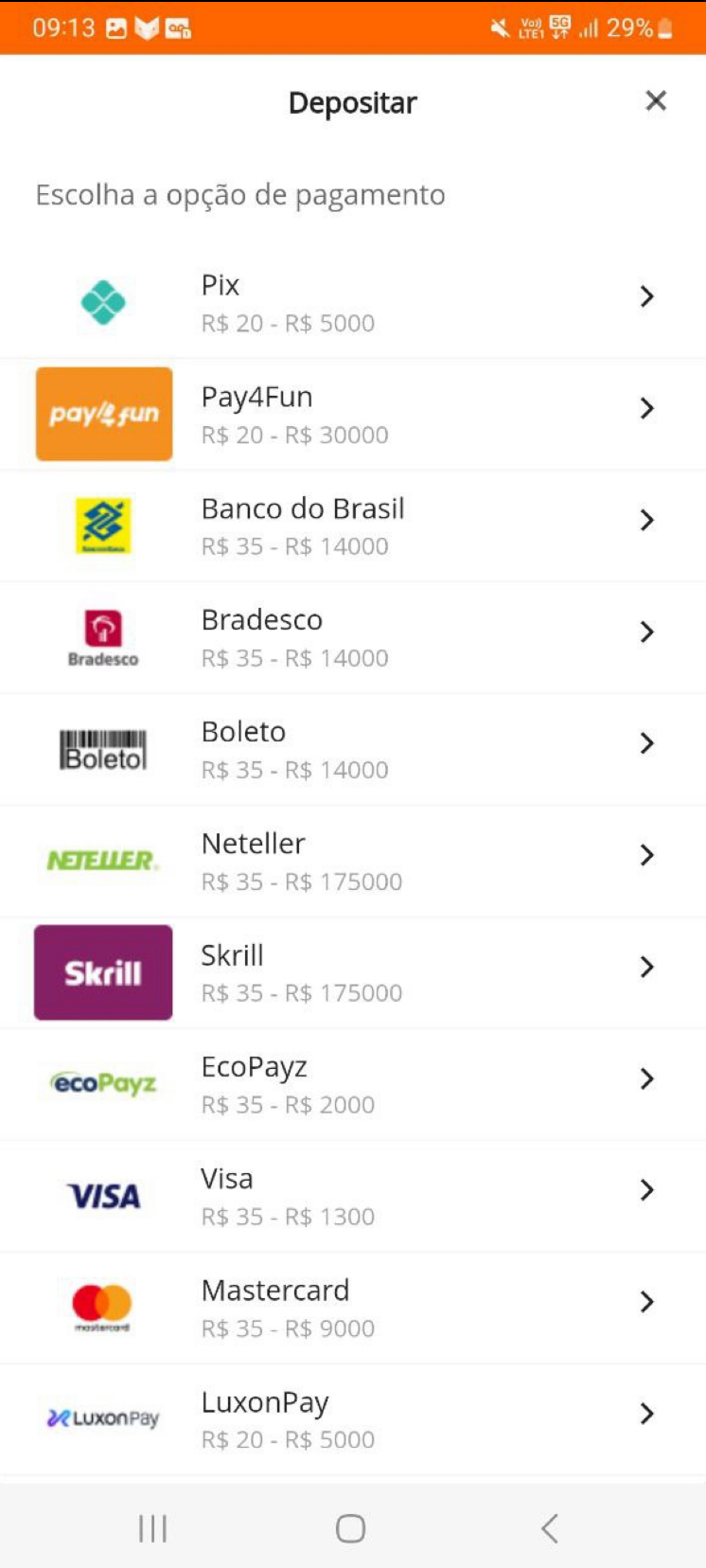 Os métodos de pagamentos disponíveis no app. 