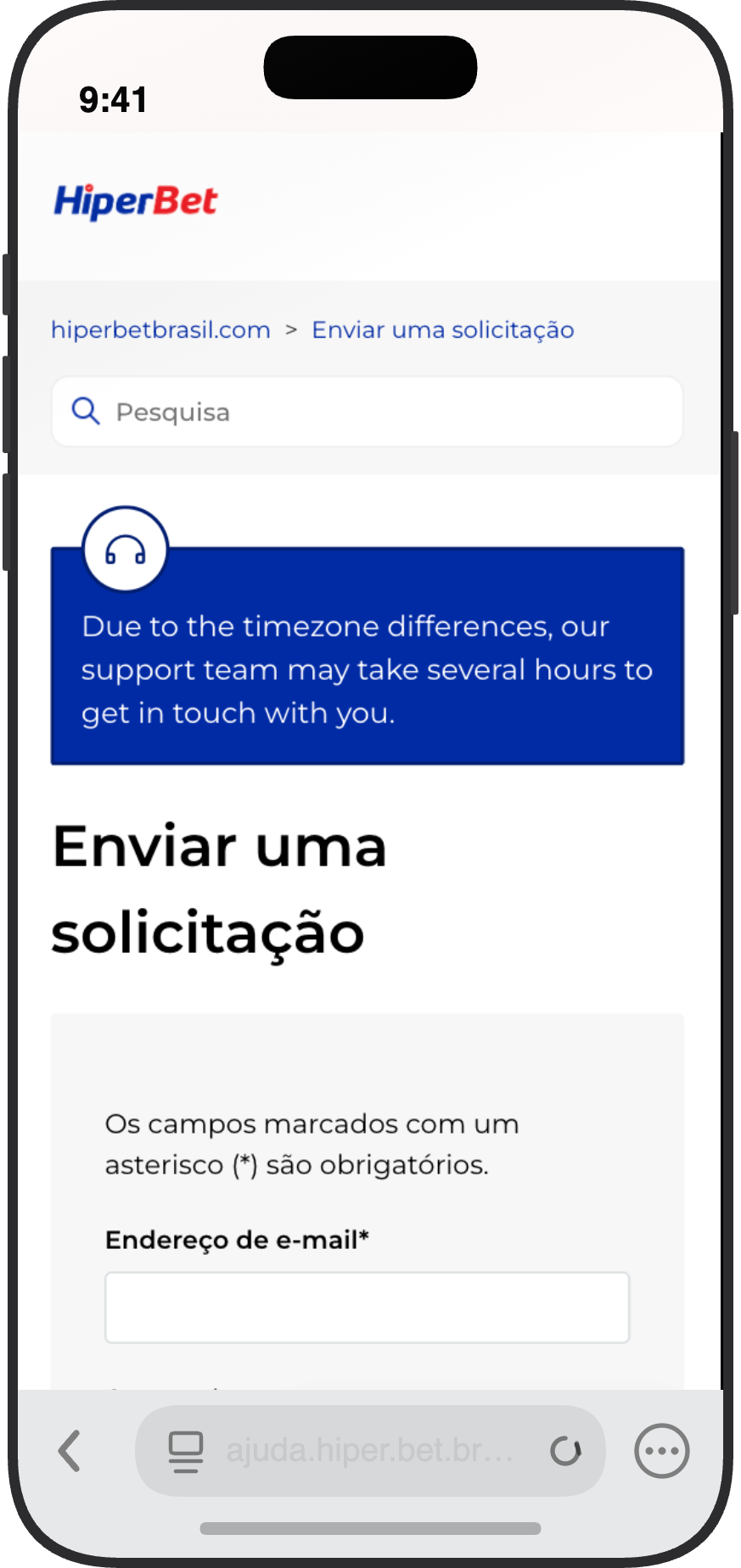 Formulário de suporte da HiperBet em hiperbetbrasil.com para enviar solicitação por e-mail