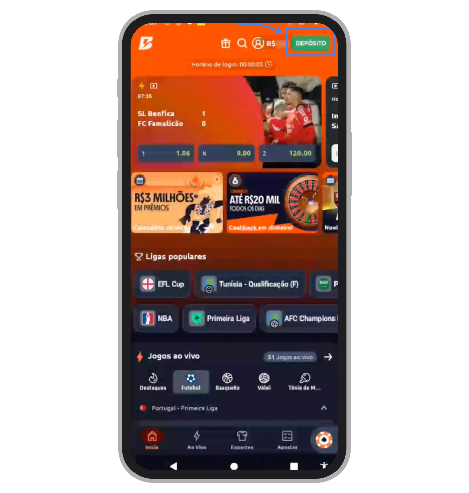 Toque no botão "Depósito"