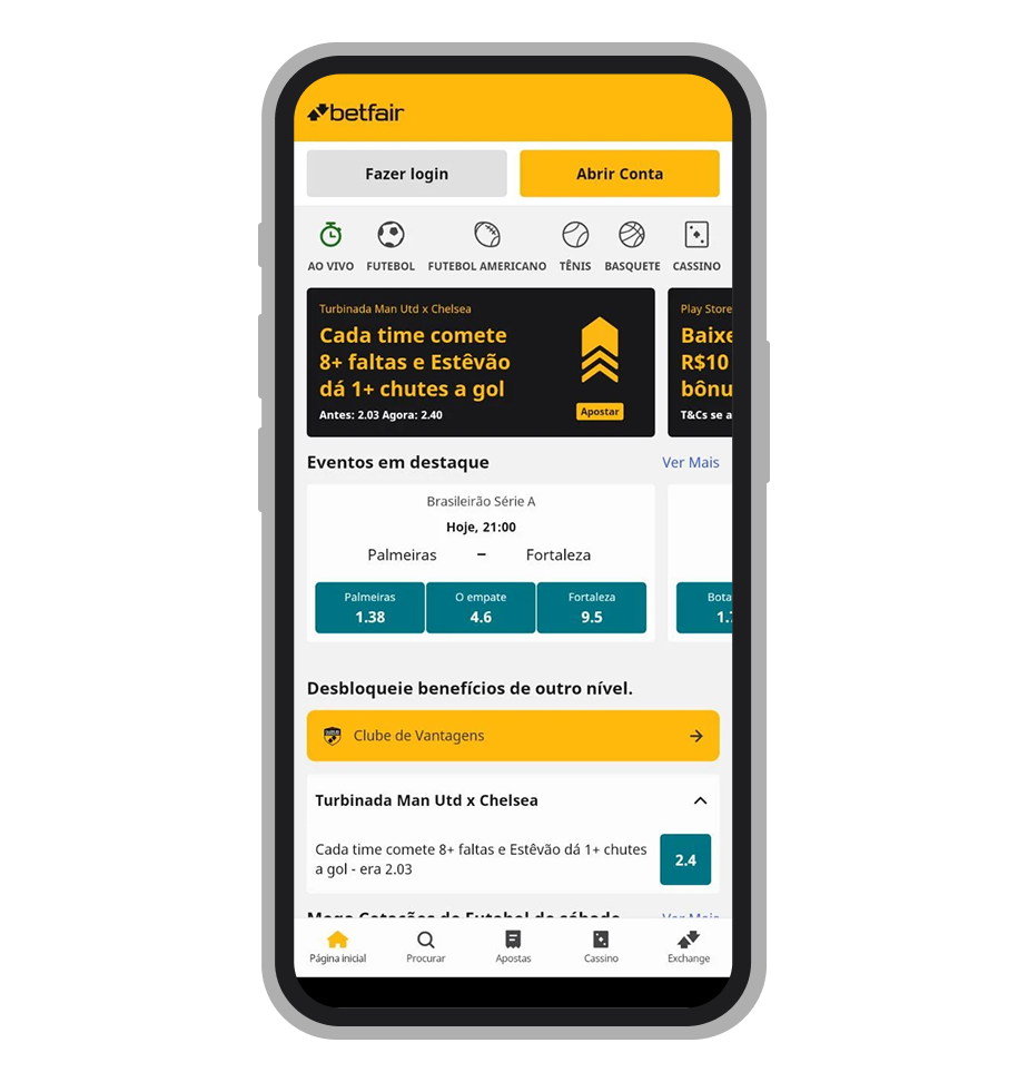 A tela inicial do aplicativo Betfair