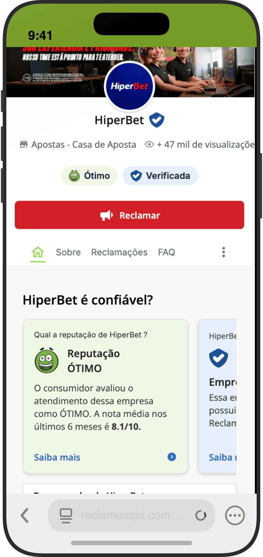 Página da HiperBet no Reclame Aqui com reputação Ótimo