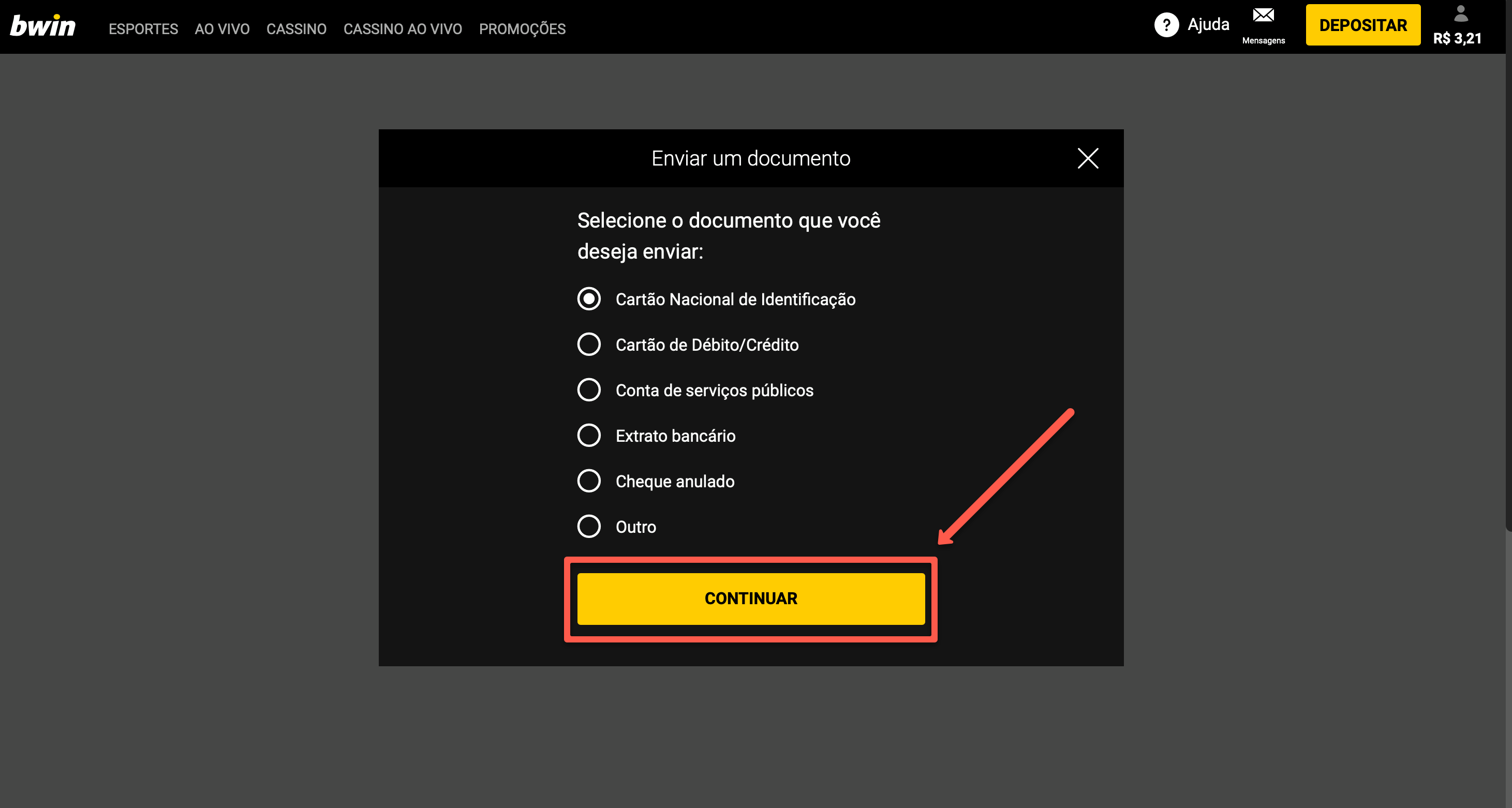 Escolhe o tipo de documento que quer enviar