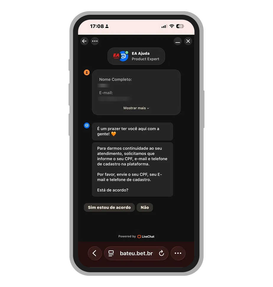 Chat ao vivo na Bateubet