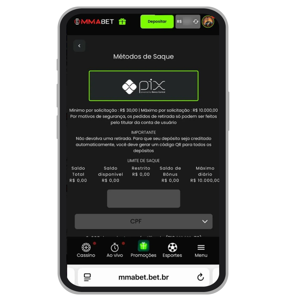 Insira o valor e escolha a chave Pix para sacar fundos