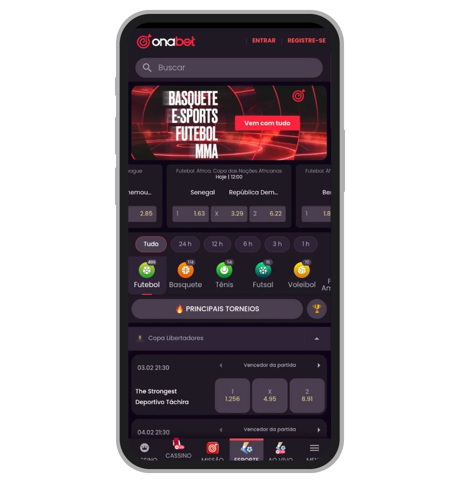 Seção “Esporte” no app Onabet com categorias 