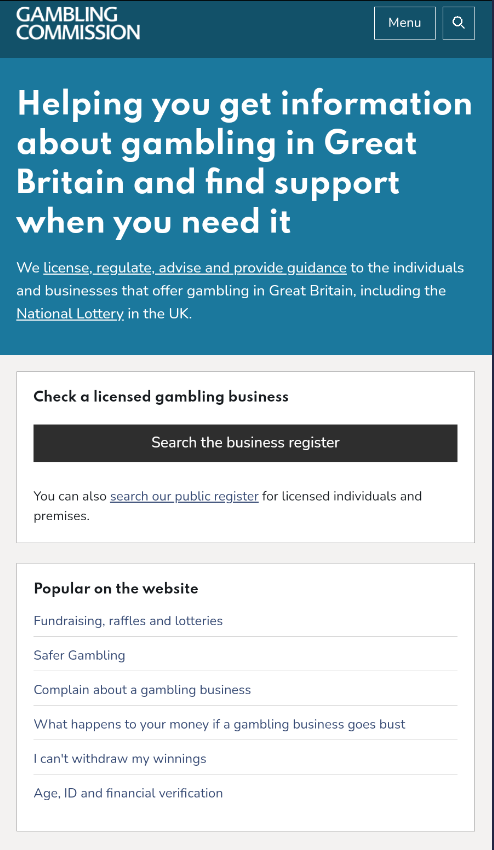 Gambling commission’s main page with a search bar