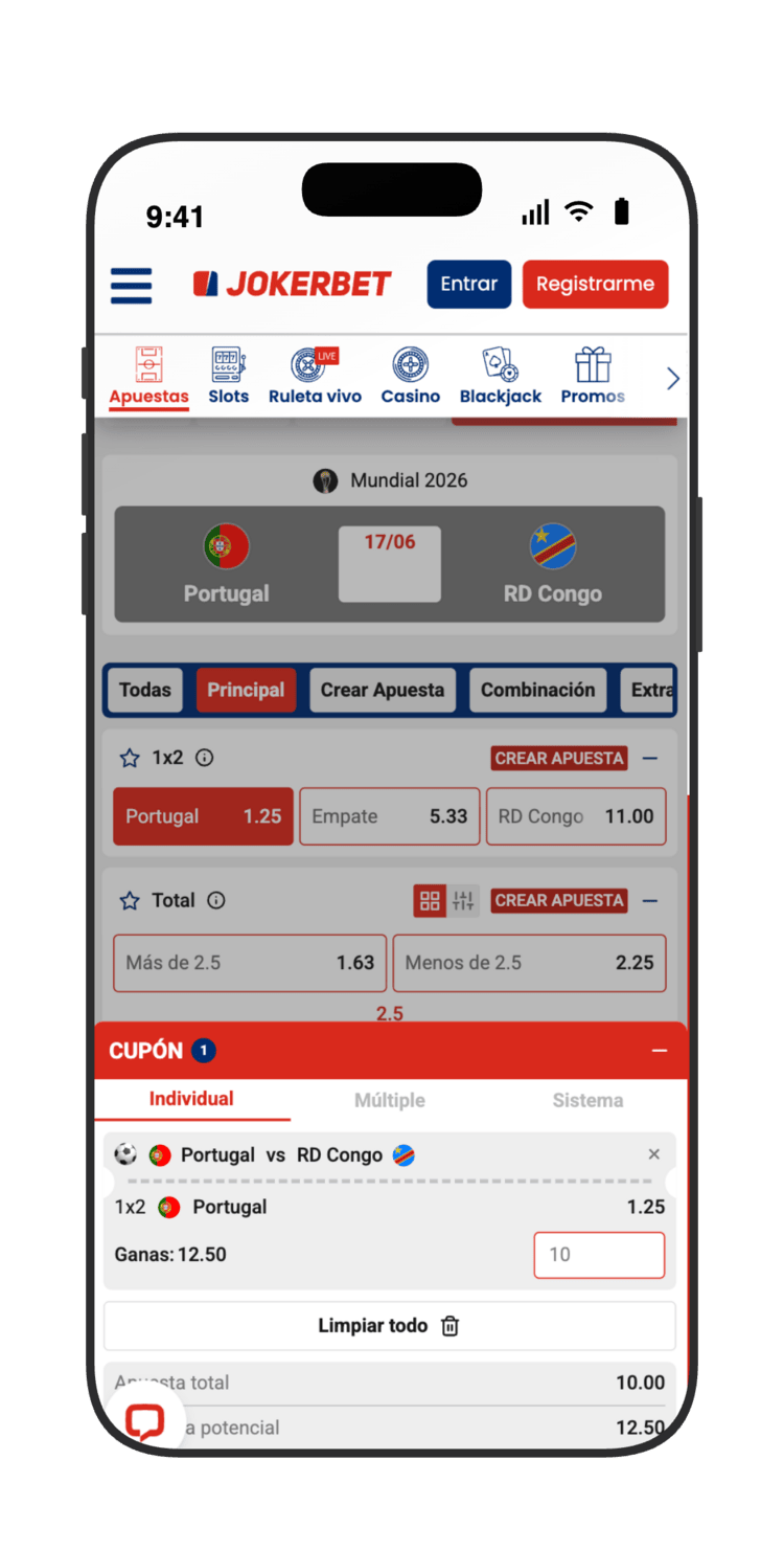 Introduce el importe y confirma tu apuesta en el cupón de JOKERBET para Portugal vs RD Congo