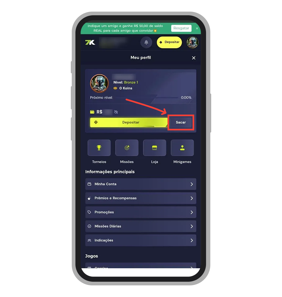 Toque no botão “Sacar”