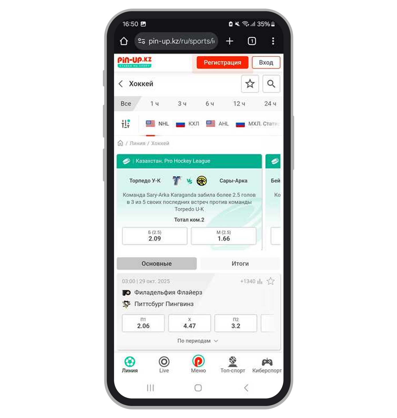 Пример хоккейной линии в Pin-Up