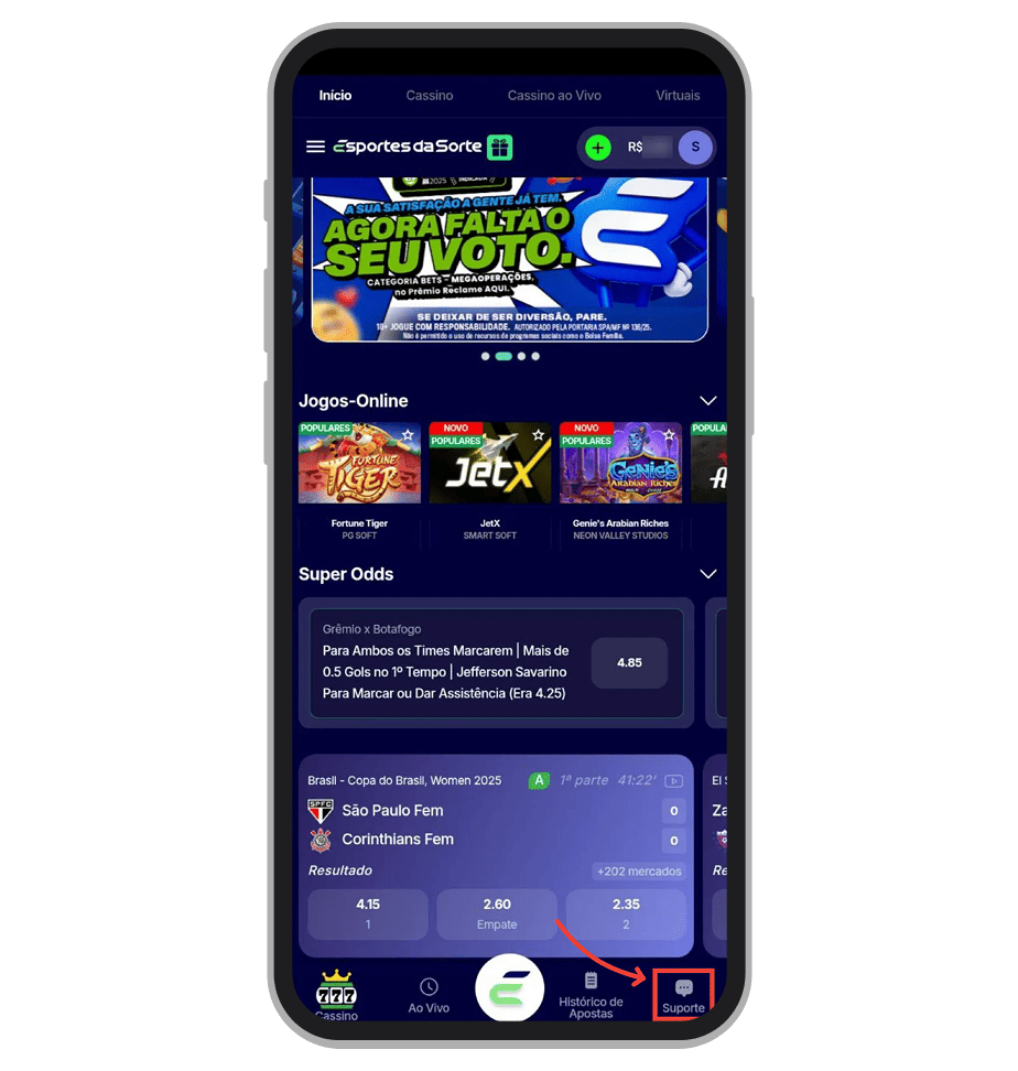 Acesse a seção de “Suporte” 