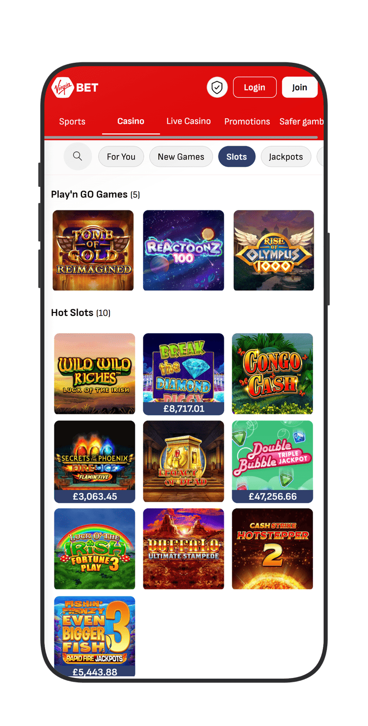 Slot section in the VirginBet Casino