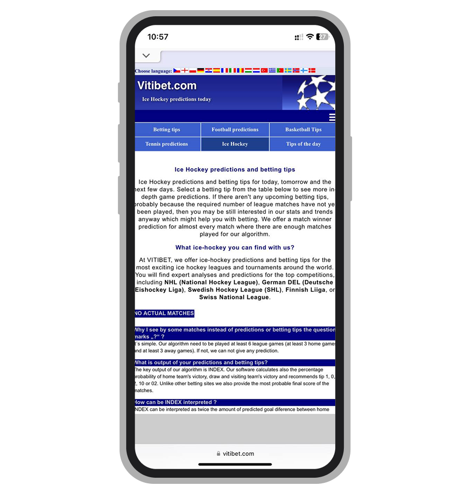 Страница прогнозов на хоккей в «Витибет»