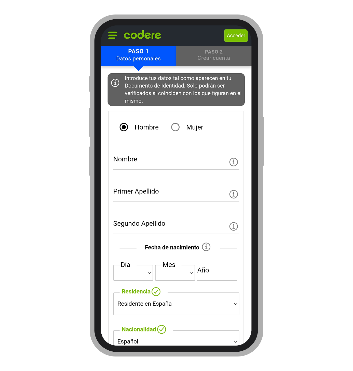 Página de registro en Codere